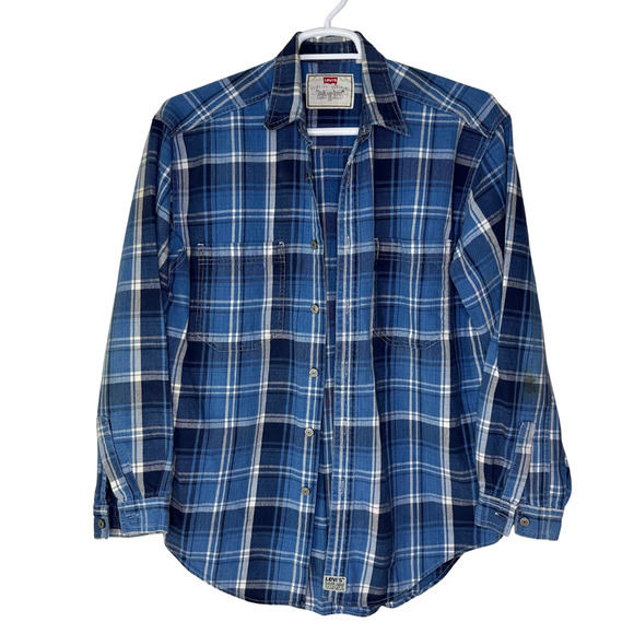 VTG Levi's Shirt Mens Medium Blue Plaid Flannel Metal Button Down Western Cowboy - Picture 1 of 12